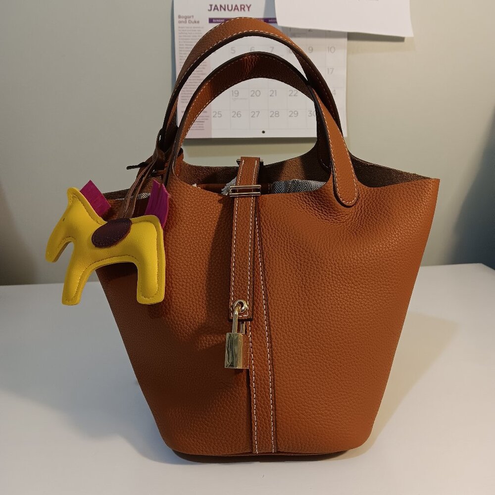 Leather Bucket Designer-Inspired Bag with charm